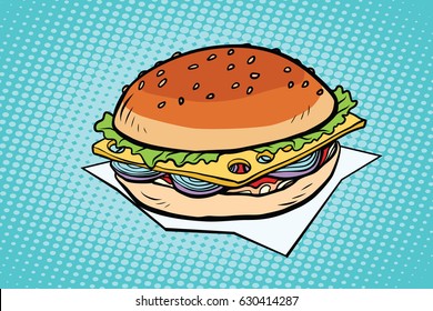 Cheeseburger with onions and cheese. Pop art retro vector illustration