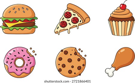  Una hamburguesa con queso, una rebanada de pizza de pepperoni, un cupcake con cereza, una rosquilla glaseada rosada, una galleta de chocolate y una baqueta de pollo frito