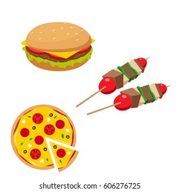 Cheeseburger, pizza and food on sticks fast food design. Good for menu design. Vector illustration