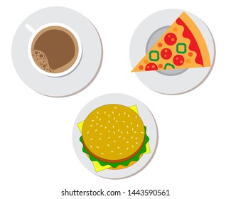 Cheeseburger , pizza slice and hot coffee, isolated on white background.  Top view , Vector Illustration