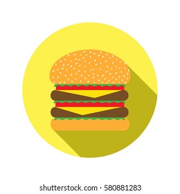 Cheeseburger with salad leaves, ham and sesame seeds. Big tasty colorful snack. Digital vector illustration with long shadow