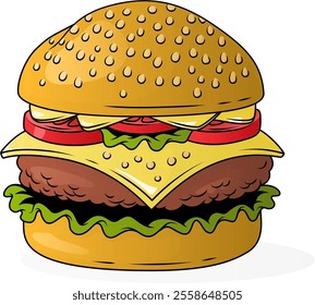 a cheeseburger with a sesame seed bun, lettuce, tomato, cheese, and beef patty, looks visually appealing and delicious