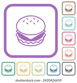 Iconos simples de Cheeseburger en los marcos cuadrados redondeados de color sobre fondo blanco