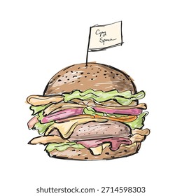 cheeseburger with small copy space sign on top illustration vector sketch with black lines