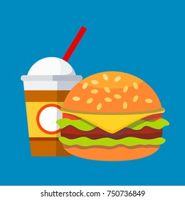 Cheeseburger and soda drink flat icon. Vector illustration