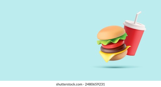 Cheeseburger, soda in a red paper cup, 3D. Banner for fast food concepts. Vector