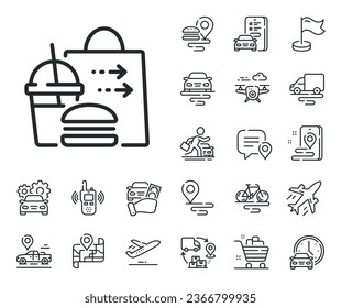 Cheeseburger with Soft drink sign. Plane, supply chain and place location outline icons. Food delivery line icon. Catering service symbol. Food delivery line sign. Vector