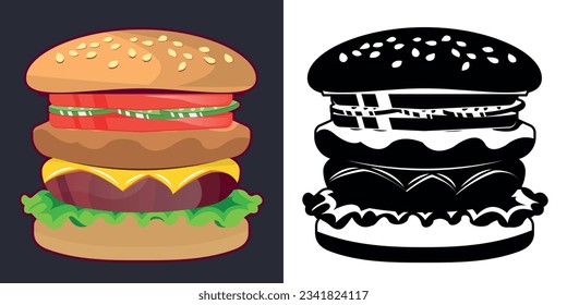 Cheeseburger vector color and monochrome. Seamless pattern for textiles, pillows, clothes, background, packaging, notepads. Vector.