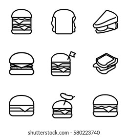 cheeseburger vector icons. Set of 9 cheeseburger outline icons such as sandwich, double burger with flag, burger with sausage