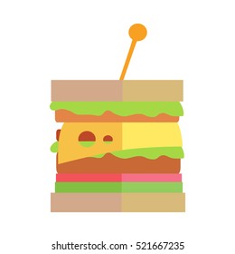 Cheeseburger vector illustration. Flat design. Classic sandwich with meat, cheese, tomatoes salad and sauces.   Fast food concept for cafe, snack bar, street restaurant ad, menu. Isolated on white.   