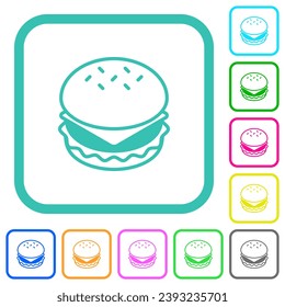 Cheeseburger iconos planos de colores vivos en bordes curvados sobre fondo blanco