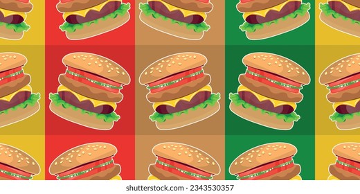 Cheeseburger wallpaper. Colored columns of hamburgers. Seamless pattern for textiles, pillows, clothes, background, packaging, notepads. Vector.