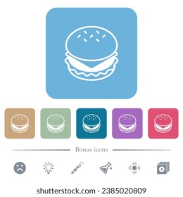Cheeseburger white flat icons on color rounded square backgrounds. 6 bonus icons included