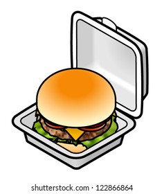 A cheeseburger/hamburger in a square styrofoam takeaway container.