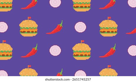 Cheeseburgers, fatias de queijo crocante e xícaras de ketchup em estilo de arte de pixel vibrante em uma grade azul para design culinário digital ousado e divertido.