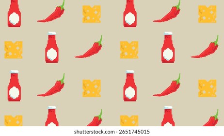 Cheeseburgers, batatas fritas e garrafas de refrigerante ilustradas em estilo pixel sobre uma grade azul para vintage fast food ou retro diner projetos digitais.