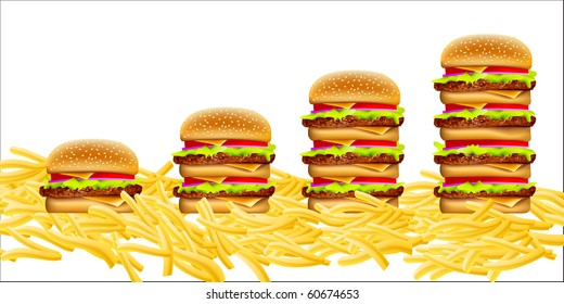 cheeseburgers increasing in size from left to right, on a bed of fries