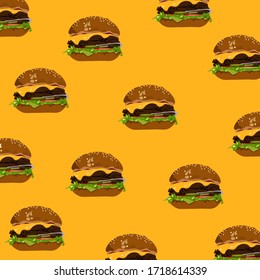Patrón de hamburguesas de queso en el fondo amarillo. Ilustración del vector 