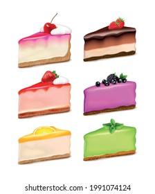 Cheesecake 6 popular flavors pieces realistic set with lemon strawberry mint chocolate natural extracts isolated vector illustration