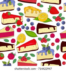 Cheesecake. Background, wallpaper, seamless. Sketch. With lemon, raspberries, blueberries, chocolate.