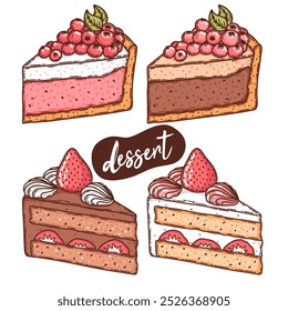 Cheesecake with berries, chocolate cake with colorful cream icing collection. Hand drawn sweet pastry illustration