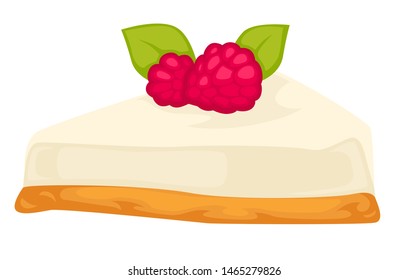Cheesecake with biscuit and raspberry berry on top vector isolated meal dessert in restaurant decorated, with mint leaf festive food celebration cooked organic baked product portion cheese flat style