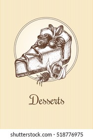 Cheesecake with blueberry, raspberry and physalis on a striped background. Hand drawn sketch vector illustration. Template for menu, labels, signboard design.