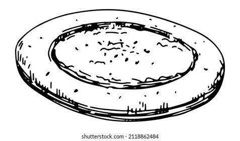 Cheesecake bun. Single sketch of sweet food, dessert. Hand drawn vector illustration in retro style. Outline clipart isolated on white background.
