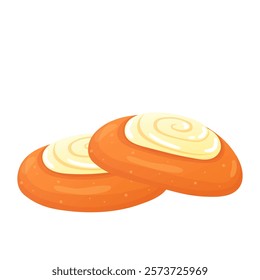 Cheesecake buns in flat design. Round cakes with cottage cheese or cream. Vector illustration isolated.