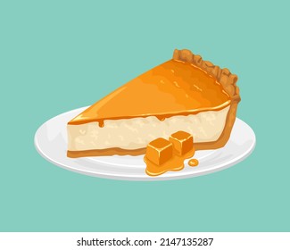 Cheesecake with caramel on white plate isolated. Vector illustration of sweet dairy cake in cartoon flat style.