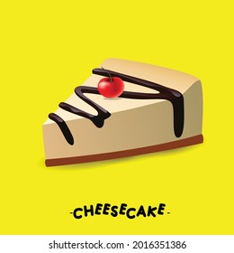 Cheesecake with caramel sauce and cherry on yellow background. Tasty homemade caramel cheesecake - National Cheesecake day