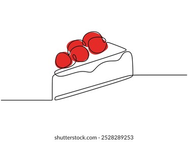 Cheesecake with cherries continuous line drawing. Food dessert menu concept. Vector illustration minimalist isolated on white background.