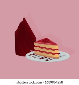 Cheesecake with cherries illustration vector. Napkin as a decoration