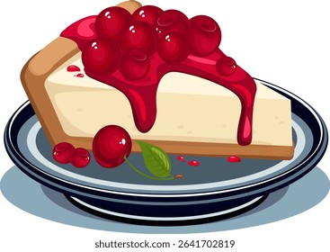 cheesecake with cherry on blue plate without background vector