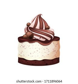 Cheesecake, chocolate dessert realistic vector illustration. Sweet bakery, sugar confectionery. Glazed fluffy cake, pastry with whipped cream 3d isolated object on white background