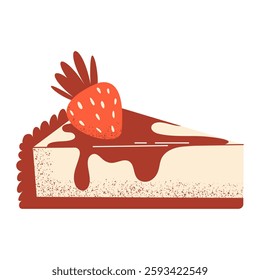 Cheesecake with chocolate and strawberry, classic dessert for snack. Vector illustration, flat hand drawn style with texture. Baked food for sticker, bakery, restaurant menu, cafe shop