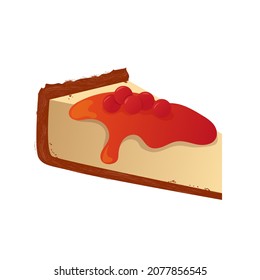 Cheesecake drizzled with topping and cherries, berries. Cartoon vector breakfast. 