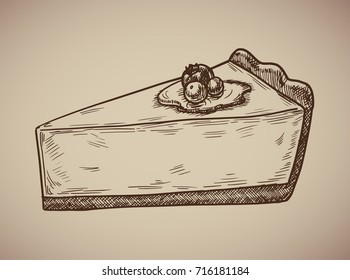 Cheesecake engraving. Delicious cheesecake in sketch style. Vector illustration. EPS 10.