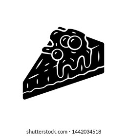 Cheesecake glyph icon. Cake with topping and berries. Bakery shop, confectionery menu. Sweet dessert. Fruit glazed cheesecake slice. Silhouette symbol. Negative space. Vector isolated illustration