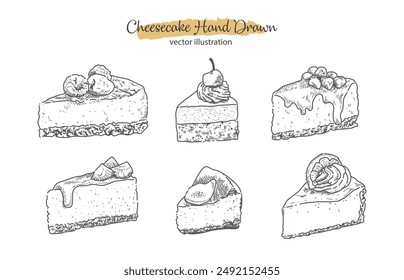 Cheesecake in Hand-drawn style set , Bakery sketch. Cheesecake in black outline . Drawing of food elements , Vector illustration isolated on white background