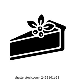 Cheesecake icon, black silhouette on white. Berry cheese cake decorated with blueberry and leaves, stencil style. Vector sign or minimalist logo for food design, illustration of bakery and dessert.