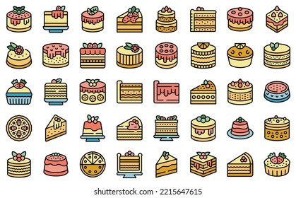 Cheesecake icons set outline vector. Cake dessert. Slice piece color flat isolated
