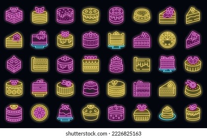 Cheesecake icons set outline vector. Cake dessert. Slice piece neon color on black