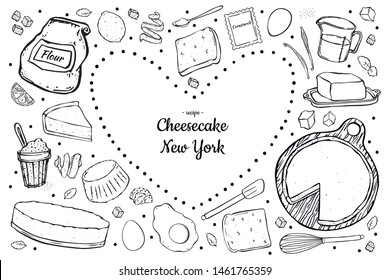 cheesecake and ingredients for it in the shape of a heart inversion black outline on white background
