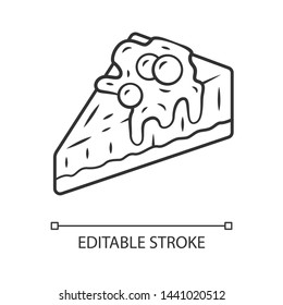 Cheesecake linear icon. Cake with topping and berries. Bakery shop, confectionery menu. Sweet dessert, pastry. Thin line illustration. Contour symbol. Vector isolated outline drawing. Editable stroke