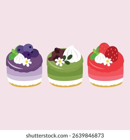 Cheesecake, mini cakes, dessert, sweet, blueberry, strawberry, matcha, green tea, Japanese cheesecake, red bean, fruit, creamy, baked goods, confectionery