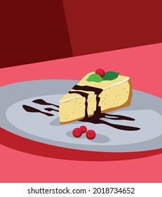 Cheesecake with mint leaves and red cherries on a large plate. Vector image for prints, poster and illustrations.