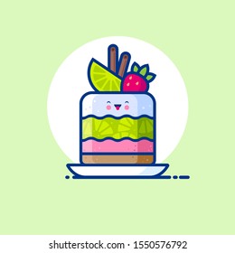 Cheesecake with mousse cream or jelly, lime slices and strawberry. Yummy dessert Icon. Cute kawaii illustration. Japanese style. 
