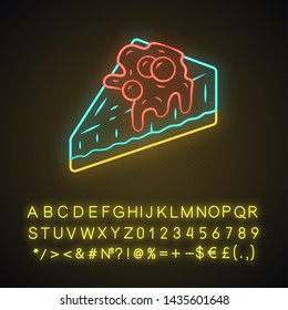 Cheesecake neon light icon. Cake with berries. Bakery shop, confectionery. Sweet dessert. Fruit glazed cheesecake slice. Glowing sign with alphabet, numbers and symbols. Vector isolated illustration
