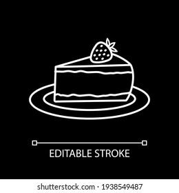 Cheesecake on plate white linear icon for dark theme. Cake slice. Sweet dessert. Thin line customizable illustration. Isolated vector contour symbol for night mode. Editable stroke